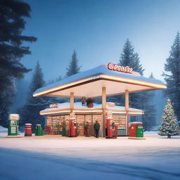 A cozy holiday-themed gas station decorated with festive lights, Christmas trees, and snow-covered surroundings