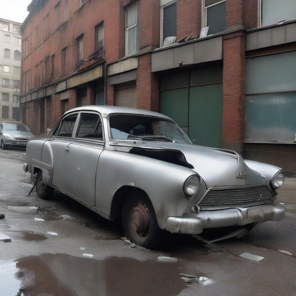 A silver car wrecked and abandoned in the middle of the street