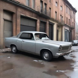 A silver car wrecked and abandoned in the middle of the street