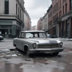 A silver car wrecked and abandoned in the middle of the street