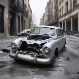 A silver car wrecked and abandoned in the middle of the street