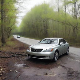 A silver Lexus wrecked and abandoned in the middle of an abandoned road