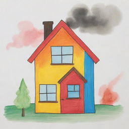 Child-like drawing of a colorful, simple house with large windows, a triangle roof, and a chimney with smoke