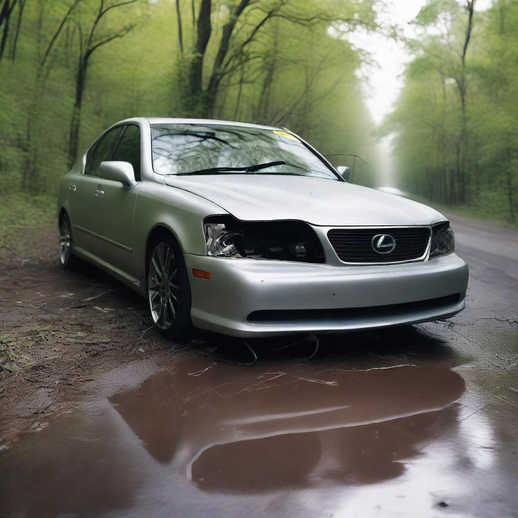 A silver Lexus wrecked and abandoned in the middle of an abandoned road