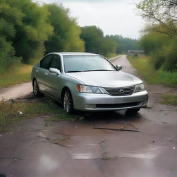 A silver Lexus wrecked and abandoned in the middle of an abandoned road