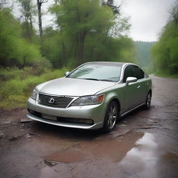 A silver Lexus wrecked and abandoned in the middle of an abandoned road