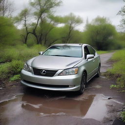 A silver Lexus with the side smashed in and the windshield broken, abandoned in the middle of an abandoned road