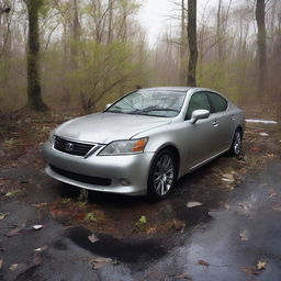 A silver Lexus with the side smashed in and the windshield broken, abandoned in the middle of an abandoned road