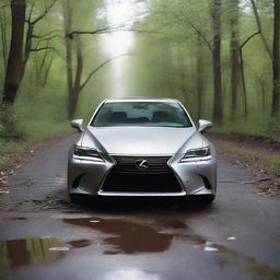 A silver Lexus with the side smashed in and the windshield broken, abandoned in the middle of an abandoned road