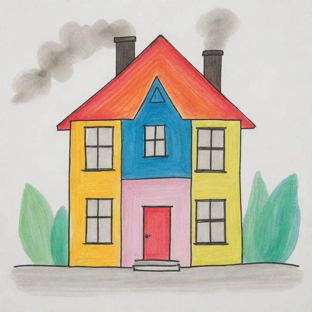 Child-like drawing of a colorful, simple house with large windows, a triangle roof, and a chimney with smoke