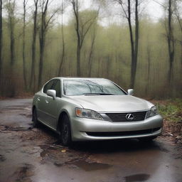 A silver Lexus with the side smashed in and the windshield broken, abandoned in the middle of an abandoned road