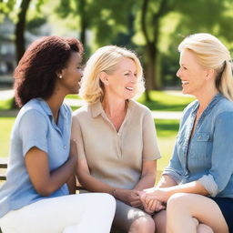 A group of white women in their mid-30s to early 40s, dressed casually and enjoying a sunny day at the park