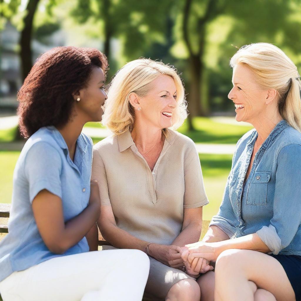 A group of white women in their mid-30s to early 40s, dressed casually and enjoying a sunny day at the park