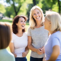 A group of white women in their mid-30s to early 40s, dressed casually and enjoying a sunny day at the park