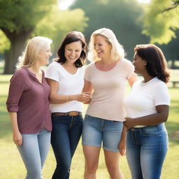 A group of white women in their mid-30s to early 40s, dressed casually and enjoying a sunny day at the park