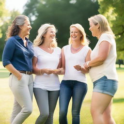 A group of white women in their mid-30s to early 40s, dressed casually and enjoying a sunny day at the park