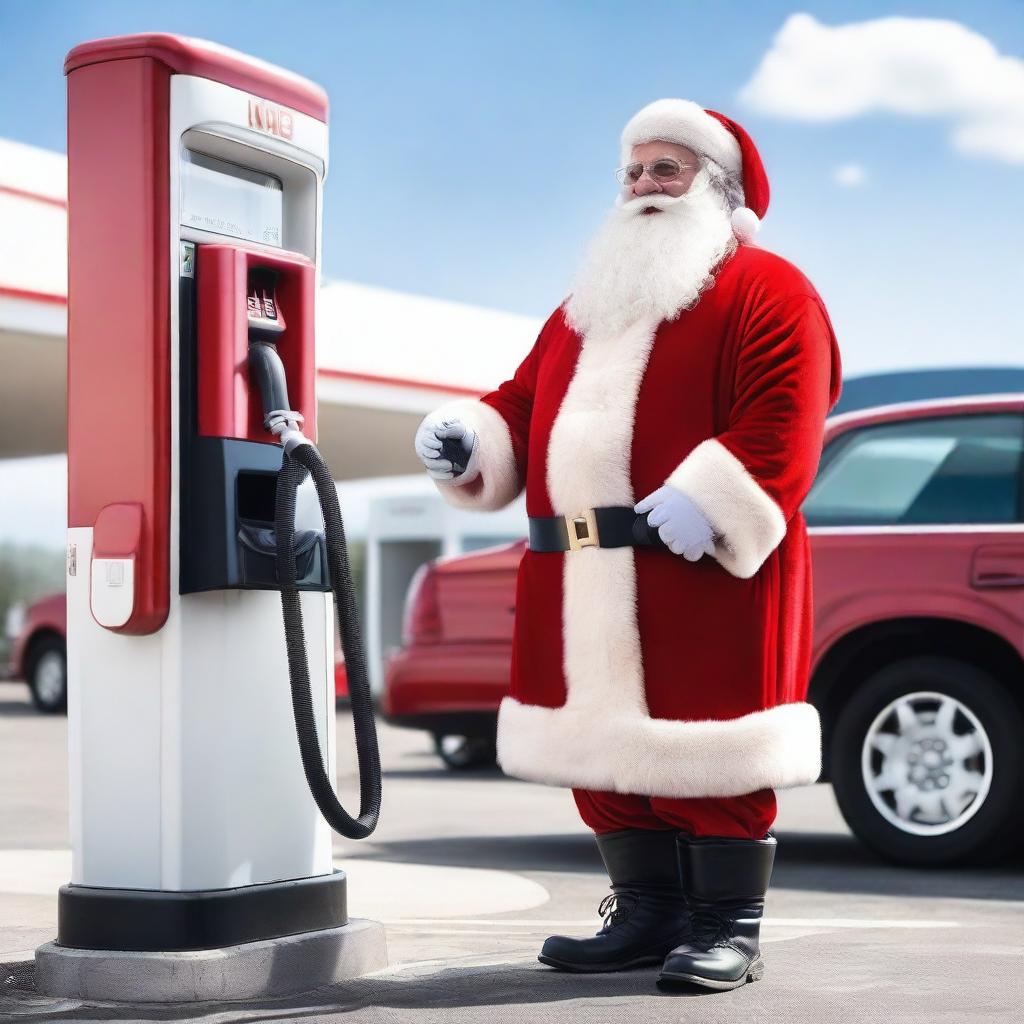 Santa Claus, dressed in his traditional red and white suit, is seen pumping gas at a modern gas station