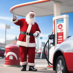 Santa Claus, dressed in his traditional red and white suit, is seen pumping gas at a modern gas station