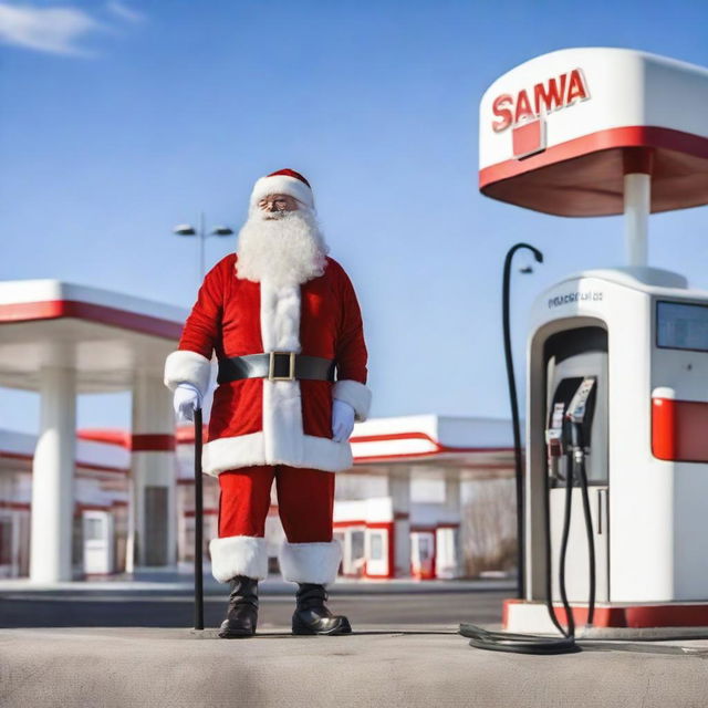 Santa Claus, dressed in his traditional red and white suit, is seen pumping gas at a modern gas station