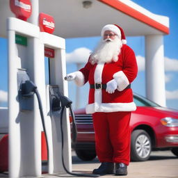 Santa Claus, dressed in his traditional red and white suit, is seen pumping gas at a modern gas station