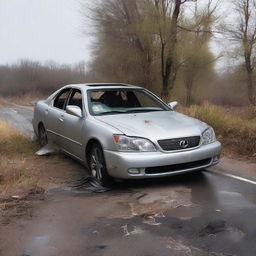 A horribly wrecked silver Lexus abandoned in the middle of a road