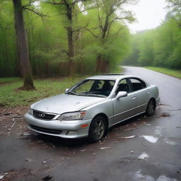 A horribly wrecked silver Lexus abandoned in the middle of a road