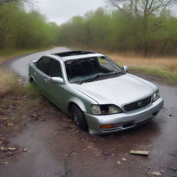 A horribly wrecked silver Lexus abandoned in the middle of a road