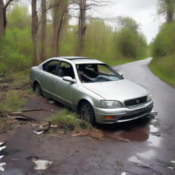 A horribly wrecked silver Lexus abandoned in the middle of a road