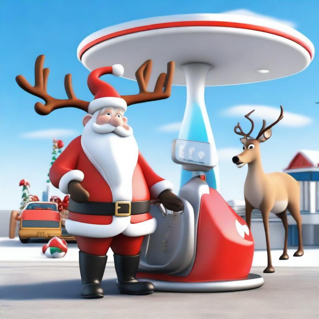 Santa Claus is seen pumping gas into his magical sleigh at a modern gas station