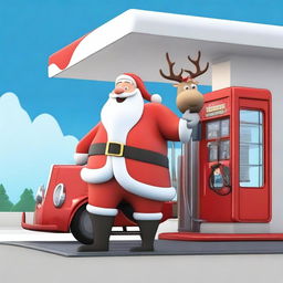 Santa Claus is seen pumping gas into his magical sleigh at a modern gas station