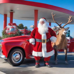 Santa Claus is seen pumping gas into his magical sleigh at a modern gas station