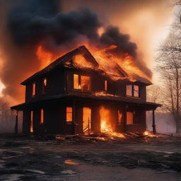 A house engulfed in flames, with intense fire consuming the structure