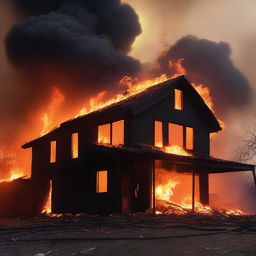 A house engulfed in flames, with intense fire consuming the structure