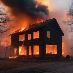 A house engulfed in flames, with intense fire consuming the structure