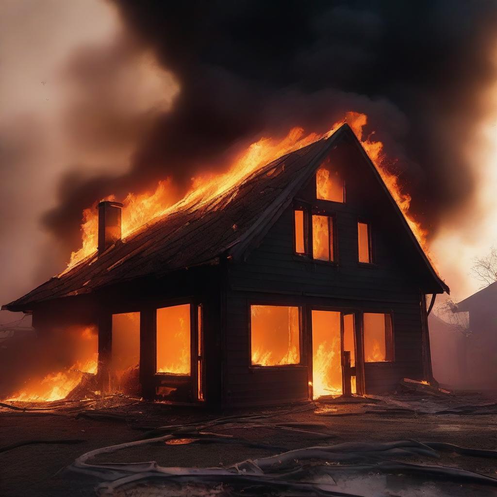 A house engulfed in flames, with intense fire consuming the structure