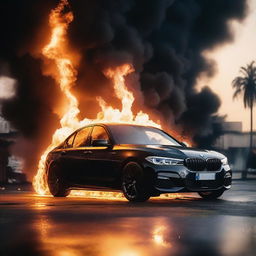 A black BMW on fire, with flames engulfing the vehicle