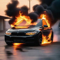 A black BMW on fire, with flames engulfing the vehicle