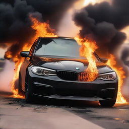 A black BMW on fire, with flames engulfing the vehicle