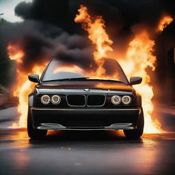 A black BMW on fire, with flames engulfing the vehicle