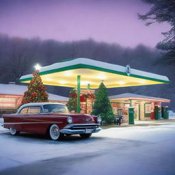 A festive Christmas scene at a gas station named Walsh Long