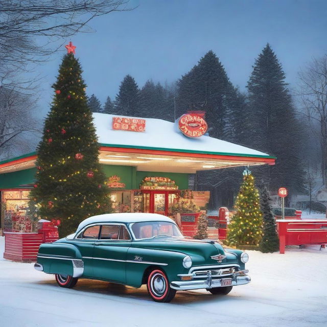 A festive Christmas scene at a gas station named Walsh Long