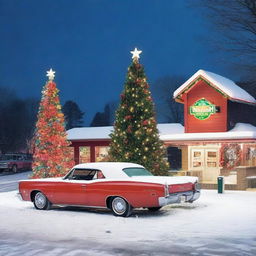 A festive Christmas scene at a gas station named Walsh Long