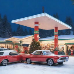 A festive Christmas scene at a gas station named Walsh Long