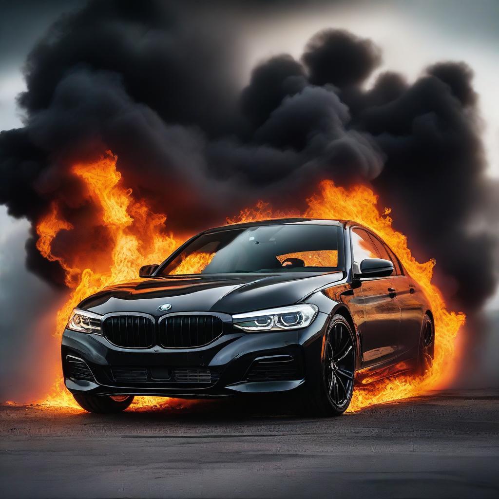 A dramatic scene showing a black BMW engulfed in flames