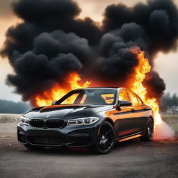 A dramatic scene showing a black BMW engulfed in flames