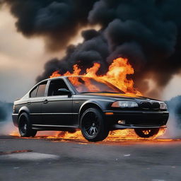 A dramatic scene showing a black BMW engulfed in flames