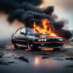 A dramatic scene showing a black BMW engulfed in flames