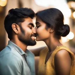 A 24-year-old Indian girl is gently kissing her boyfriend on the cheek