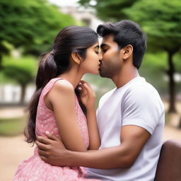 A 24-year-old Indian girl lovingly kissing her boyfriend