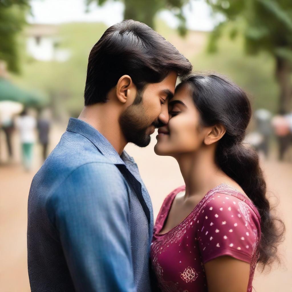 A 24-year-old Indian girl lovingly kissing her boyfriend